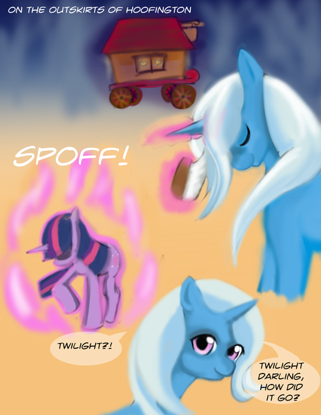 Size: 900x1165 | Tagged: safe, artist:gunslingerpen, derpibooru import, trixie, twilight sparkle, pony, unicorn, comic:showmareship, female, lesbian, mare, photoshop, shipping, teleportation, trixie's wagon, twixie, unicorn twilight