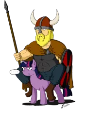 Size: 707x1000 | Tagged: safe, artist:netcyber, derpibooru import, twilight sparkle, human, pony, unicorn, ..., duo, female, humans riding ponies, mare, riding, shield, simple background, spear, sweat, transparent background, twilight is not amused, unamused, viking, weapon