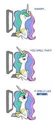 Size: 800x1882 | Tagged: safe, artist:willdrawforfood1, color edit, derpibooru import, edit, princess celestia, alicorn, pony, butthurt, comic, computer, eyes closed, female, glare, grin, keyboard, lidded eyes, looking at you, mare, open mouth, reaction image, smelling, smirk, smug, solo, trollestia