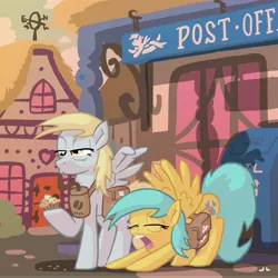 Size: 3000x3000 | Tagged: safe, artist:docwario, derpibooru import, derpy hooves, sunshower raindrops, pegasus, pony, drink, drinking, drinking straw, duo, duo female, female, food, high res, mailbag, mailmare, mailpony, mare, morning ponies, muffin, open mouth, ponyville, post office, spread wings, straw, stretching, tired, wings, yawn