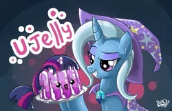 Size: 855x550 | Tagged: safe, artist:don-ko, derpibooru import, trixie, twilight sparkle, pony, unicorn, boast busters, duo, duo female, female, food transformation, inanimate tf, jellight sparkle, jello, jelly, mare, photoshop, pure unfiltered evil, transformation, twilight sparkelley, wat