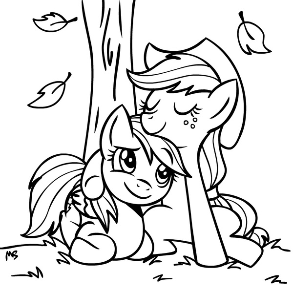 Size: 945x945 | Tagged: safe, artist:megasweet, derpibooru import, applejack, rainbow dash, earth pony, pegasus, pony, appledash, female, hug, leaf, lesbian, mare, monochrome, prone, shipping, smiling, tree