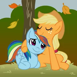 Size: 945x945 | Tagged: safe, artist:megasweet, derpibooru import, applejack, rainbow dash, earth pony, pegasus, pony, appledash, female, hug, leaf, lesbian, mare, prone, shipping, smiling, tree