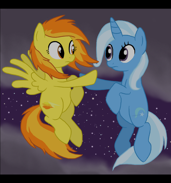 Size: 728x777 | Tagged: safe, artist:thegamblehorse, deleted from derpibooru, derpibooru import, spitfire, trixie, pegasus, pony, unicorn, female, flying, lesbian, looking at each other, mare, night, shipping, sky, trixfire