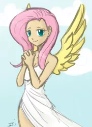 Size: 700x968 | Tagged: angel, artist:johnjoseco, cleavage, clothes, colored, color edit, derpibooru import, dress, edit, female, fluttershy, human, humanized, safe, smiling, solo, winged humanization