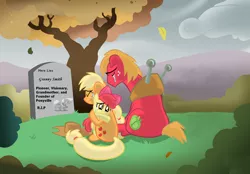 Size: 2000x1392 | Tagged: artist needed, safe, derpibooru import, apple bloom, applejack, big macintosh, granny smith, earth pony, pony, crying, female, filly, funeral, grave, grave meme, gravestone, hug, implied death, male, mare, sad, sitting, stallion, tree