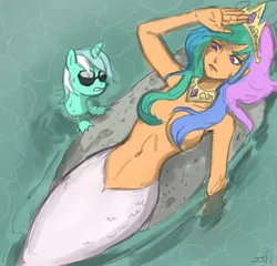 Size: 1000x958 | Tagged: artist:johnjoseco, belly button, breasts, dat butt, derpibooru import, female, godiva hair, lip bite, lyra heartstrings, mermaid, mermaidized, on back, princess celestia, sealestia, sea pony, seapony lyra, strategically covered, suggestive, sunglasses