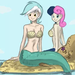 Size: 800x800 | Tagged: artist:johnjoseco, belly button, bon bon, cleavage, colored, color edit, derpibooru import, duo, duo female, edit, female, lyra heartstrings, mermaid, mermaidized, safe, seashell, shell bra, sitting, sweetie drops