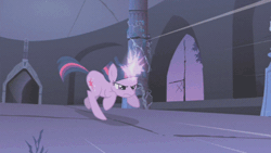Size: 480x270 | Tagged: safe, derpibooru import, screencap, twilight sparkle, pony, unicorn, friendship is magic, animated, castle of the royal pony sisters, female, frown, galloping, gif, glare, glowing horn, magic, mare, running, solo, unicorn twilight