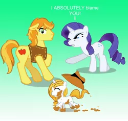 Size: 2700x2560 | Tagged: safe, artist:candysnow-09, derpibooru import, braeburn, rarity, oc, oc:golden apple, earth pony, pony, unicorn, blank flank, family, female, filly, glare, gradient background, high res, male, mare, messy, mud, offspring, parent:braeburn, parent:rarity, parents:rariburn, rariburn, shipping, stallion, straight