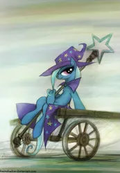 Size: 761x1100 | Tagged: safe, artist:foxinshadow, derpibooru import, trixie, pony, unicorn, carriage, female, lidded eyes, mare, sitting, solo, staff