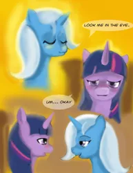 Size: 900x1165 | Tagged: safe, artist:gunslingerpen, derpibooru import, trixie, twilight sparkle, pony, unicorn, comic:showmareship, comic, eye contact, female, lesbian, looking at each other, mare, photoshop, shipping, twixie