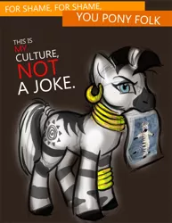 Size: 500x647 | Tagged: costume, derpibooru import, female, halloween, mare, mouth hold, nightmare night, public service announcement, rhyming, safe, solo, we're a culture not a costume, zebra, zecora