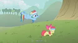 Size: 853x468 | Tagged: safe, derpibooru import, edit, edited screencap, screencap, apple bloom, rainbow dash, earth pony, pegasus, pony, call of the cutie, alternate hairstyle, caption, duo, duo female, female, filly, headband, mare, push-ups, youtube caption