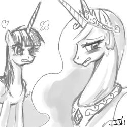 Size: 900x900 | Tagged: safe, artist:johnjoseco, derpibooru import, princess celestia, oc, oc:fausticorn, alicorn, pony, alicorn oc, blushing, duo, duo female, female, glare, grayscale, lauren faust, mare, monochrome