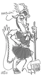 Size: 650x1170 | Tagged: artist:johnjoseco, broom, clothes, crossdressing, derpibooru import, discord, draconequus, grayscale, hilarious in hindsight, looking at you, maid, maid discord, male, monochrome, problem, safe, smirk, solo, talking