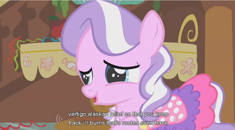 Size: 854x472 | Tagged: safe, derpibooru import, screencap, diamond tiara, earth pony, pony, call of the cutie, clothes, dress, female, filly, solo, youtube caption