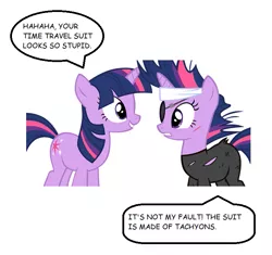 Size: 727x683 | Tagged: safe, derpibooru import, twilight sparkle, pony, unicorn, it's about time, bandage, catsuit, duo, eyepatch, female, future twilight, mare, pun, self ponidox, simple background, speech bubble, tachyons, white background