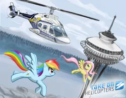 Size: 1389x1080 | Tagged: safe, artist:johnjoseco, derpibooru import, derpy hooves, fluttershy, rainbow dash, pegasus, pony, duo, female, flying, helicopter, mare, seattle, space needle