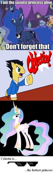 Size: 470x1545 | Tagged: safe, derpibooru import, princess celestia, princess luna, ponified, alicorn, earth pony, pony, ace attorney, female, male, mare, objection, phoenix wright, pun, stallion