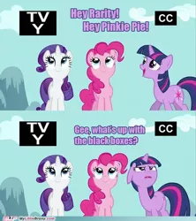 Size: 500x562 | Tagged: safe, derpibooru import, edit, edited screencap, screencap, pinkie pie, rarity, twilight sparkle, earth pony, pony, unicorn, read it and weep, comic, female, fourth wall, mare, my little brony, tv rating