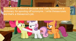 Size: 640x350 | Tagged: safe, derpibooru import, edit, edited screencap, screencap, apple bloom, scootaloo, sweetie belle, earth pony, pegasus, pony, unicorn, offensive ponies, family appreciation day, cutie mark crusaders, dictionary, female, filly, meta, text