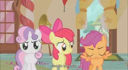 Size: 856x471 | Tagged: safe, derpibooru import, edit, edited screencap, screencap, apple bloom, scootaloo, sweetie belle, earth pony, pegasus, pony, unicorn, call of the cutie, caption, cutie mark crusaders, female, filly, sugarcube corner, youtube caption