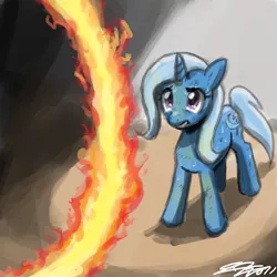 Size: 900x900 | Tagged: safe, artist:johnjoseco, derpibooru import, trixie, pony, unicorn, female, fire, mare, ring of fire, solo, worried