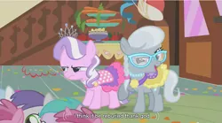 Size: 853x473 | Tagged: safe, derpibooru import, screencap, diamond tiara, silver spoon, tornado bolt, earth pony, pony, call of the cutie, female, filly, god, sugarcube corner, youtube caption