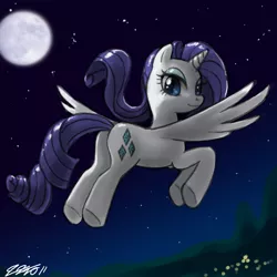 Size: 900x900 | Tagged: safe, artist:johnjoseco, derpibooru import, rarity, alicorn, pony, alicornified, bedroom eyes, female, flying, looking at you, looking back, mare, moon, night, race swap, raricorn, sky, smiling, solo, spread wings, stars
