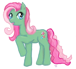 Size: 600x543 | Tagged: safe, artist:vixetra, derpibooru import, minty, earth pony, pony, female, g3, g3 to g4, generation leap, mare, raised hoof, simple background, solo, transparent background