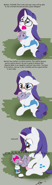 Size: 800x2800 | Tagged: dead source, grimdark, artist:gavalanche, derpibooru import, rarity, sweetie belle, pony, unicorn, abuse, baby, baby pony, bleach, comic, comic sans, dialogue, female, glasses, hilarious in hindsight, mare, mother and daughter, sweetiebuse