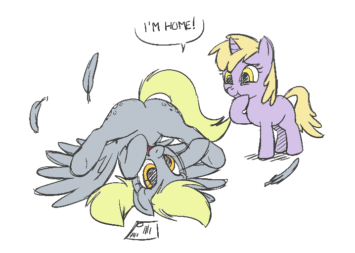 Size: 718x511 | Tagged: artist needed, safe, derpibooru import, derpy hooves, dinky hooves, pegasus, pony, unicorn, crash, delivery, feather, featureless crotch, female, filly, mail, mare, plot, scrunchy face, upside down