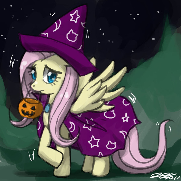 Size: 900x900 | Tagged: safe, artist:johnjoseco, derpibooru import, fluttershy, pegasus, pony, cape, clothes, costume, female, hat, mare, mouth hold, night, nightmare night, shivering, solo, witch hat