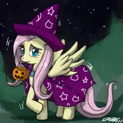 Size: 900x900 | Tagged: safe, artist:johnjoseco, derpibooru import, fluttershy, pegasus, pony, cape, clothes, costume, female, hat, mare, mouth hold, night, nightmare night, shivering, solo, witch hat