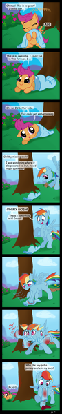 Size: 800x5340 | Tagged: safe, artist:gavalanche, derpibooru import, rainbow dash, scootaloo, pegasus, pony, bait and switch, clothes, comic, comic sans, cute, dark comedy, duo, feather, female, filly, fruit, implied, implied scootabuse, juice, mare, mouth hold, not blood, pomegranate, sock fetish, sock filly, socks, sproing, stalkerloo, wingboner