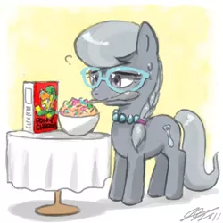 Size: 900x900 | Tagged: safe, artist:johnjoseco, derpibooru import, silver spoon, earth pony, pony, cereal, female, filly, glasses, horse problems, mouth hold, solo, spoon