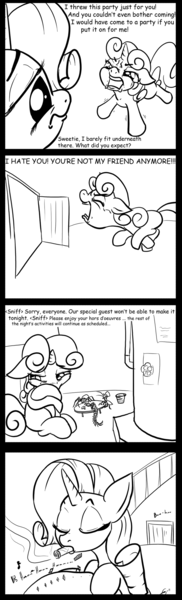 Size: 800x2640 | Tagged: safe, artist:gavalanche, derpibooru import, rarity, sweetie belle, pony, unicorn, angry, cigar, comic, comic sans, crying, duo, female, filly, mare, monochrome, smoking