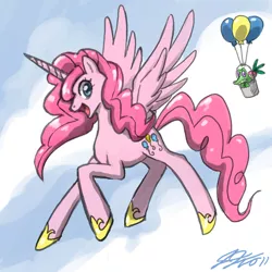 Size: 900x900 | Tagged: safe, artist:johnjoseco, derpibooru import, gummy, mr. turnip, pinkie pie, alicorn, pony, alicornified, balloon, female, flying, hilarious in hindsight, mare, pinkiecorn, race swap, sky, xk-class end-of-the-world scenario