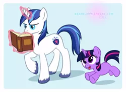 Size: 700x515 | Tagged: safe, artist:arcuate, derpibooru import, shining armor, twilight sparkle, pony, unicorn, blank flank, book, brother and sister, duo, female, filly, filly twilight sparkle, foal, male, reading, siblings, teenager, younger