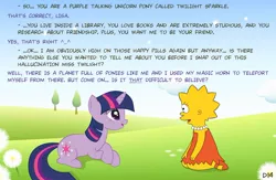Size: 1106x723 | Tagged: safe, artist:darkseacher14, derpibooru import, twilight sparkle, pony, unicorn, crossover, duo, eye contact, female, lisa simpson, looking at each other, mare, prone, the simpsons