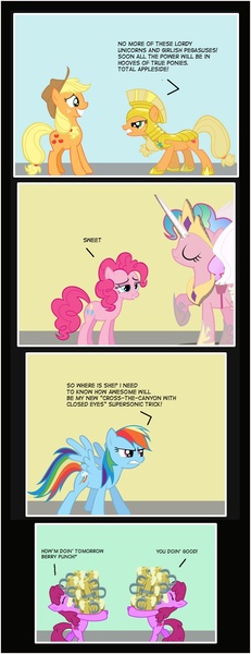 Size: 776x2012 | Tagged: safe, derpibooru import, applejack, berry punch, berryshine, pinkie pie, princess celestia, rainbow dash, alicorn, earth pony, pegasus, pony, armor, cider, clothes, costume, female, future, implied death, implied genocide, mare, pinkiecorn, pinklestia, race swap, royal guard armor, self ponidox, wat, xk-class end-of-the-world scenario