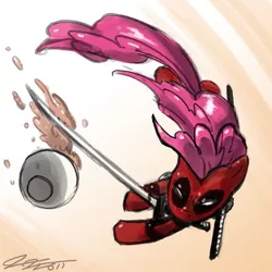 Size: 900x900 | Tagged: safe, artist:johnjoseco, derpibooru import, pinkie pie, earth pony, pony, crossover, deadpool, female, food, mare, mouth hold, oatmeal, oats, pinkiepool, solo, sword, weapon
