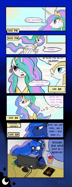 Size: 800x2080 | Tagged: safe, artist:juanrock, derpibooru import, princess celestia, princess luna, alicorn, pony, gamer luna, comic, computer, diablo 3, duo, female, guard, headphones, mare, playing, royal guard