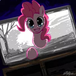 Size: 2400x2400 | Tagged: safe, artist:johnjoseco, derpibooru import, pinkie pie, earth pony, pony, female, fourth wall, high res, looking at you, mare, smiling, solo, television, the ring, well