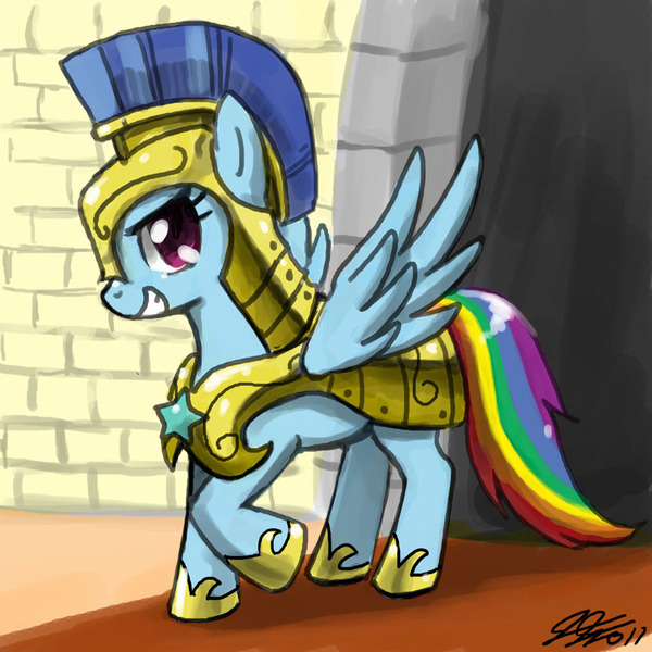 Size: 900x900 | Tagged: safe, artist:johnjoseco, derpibooru import, rainbow dash, pegasus, pony, armor, female, grin, guardsmare, mare, royal guard armor, smiling, solo