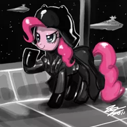 Size: 900x900 | Tagged: safe, artist:johnjoseco, derpibooru import, pinkie pie, earth pony, pony, crossover, darth pinkie, darth vader, female, mare, raised hoof, reference, solo, spaceship, star destroyer, star wars