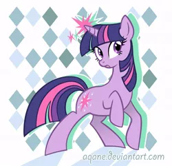 Size: 700x674 | Tagged: safe, artist:arcuate, derpibooru import, twilight sparkle, pony, unicorn, abstract background, female, frown, mare, solo