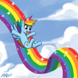 Size: 900x900 | Tagged: safe, artist:johnjoseco, derpibooru import, rainbow dash, pegasus, pony, female, mare, rainbow, sky, sliding, solo