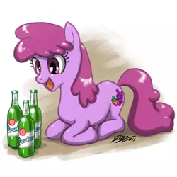 Size: 900x900 | Tagged: safe, artist:johnjoseco, derpibooru import, berry punch, berryshine, earth pony, pony, alcohol, beer, beverage, blackletter, bottle, female, happy, mare, prone, solo, that pony sure does love alcohol